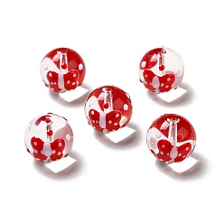 Red Handmade Lampwork Beads, Round with Butterfly Pattern, Red, 13.5~14x14.5~15mm, Hole: 1.5~1.8mm