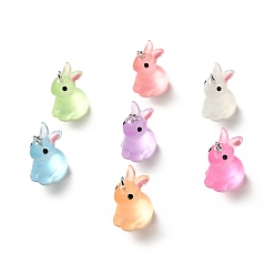 Mixed Color Luminous Translucent Resin Pendants, Rabbit Charm, with Platinum Tone Iron Loops, Mixed Color, 24x14.5x19.5mm, Hole: 2.5mm