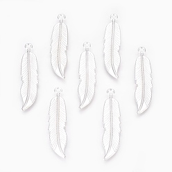 Silver Tibetan Style Alloy Pendants, Lead Free and Cadmium Free, Feather, Silver, 45.5x11x2.5mm, Hole: 2mm