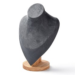 Gray Velvet Bust Necklace Display Stands with Wooden Base, Jewelry Holder for Necklace Storage, Gray, 17x11.3x24.5cm