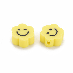Yellow Handmade Polymer Clay Beads, Flower with Smiling Face, Yellow, 9~10x8~9x4~5mm, Hole: 1.4~1.6mm