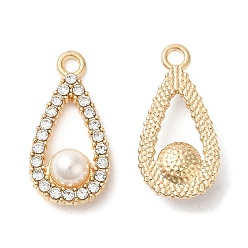 Light Gold Alloy Pendants, with Crystal Rhinstone and ABS Plastic Imitation Pearl, Teardrop Charm, Lead Free & Cadmium Free, Light Gold, 24.5x12.5x6.5mm, Hole: 2mm