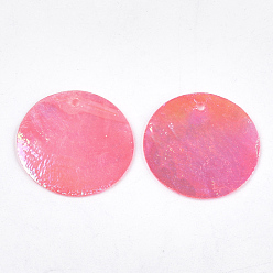 Deep Pink AB Color Plated Capiz Shell Pendants, Dyed, Flat Round, Deep Pink, 24~25x1~2mm, Hole: 1.5mm