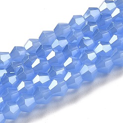 Dodger Azul Perlas de vidrio imitación de jade electroplate hebras, lustre de la perla chapado, facetados, bicono, azul dodger, 4x4 mm, agujero: 0.8 mm, sobre 87~98 unidades / cadena, 12.76~14.61 pulgada (32.4~37.1 cm)