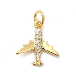 Real 18K Gold Plated Rack Plating Brass Micro Pave Cubic Zirconia Charms, Passenger Plane Charm, Long—Lasting Plated, with Jump Rings, Cadmium Free & Lead Free, Real 18K Gold Plated, 14x13x2mm, Hole: 3mm