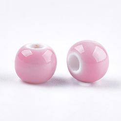Pink Handmade Porcelain Beads, Bright Glazed Porcelain Style, Round, Pink, 6~7x5.5~6mm, Hole: 2~2.5mm