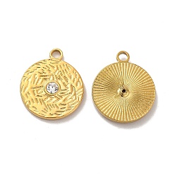 Golden Ion Plating(IP) 304 Stainless Steel Pendants, with Crystal Rhinestone, Flat Round Charms, Golden, 20x17x2.5mm, Hole: 2.5mm