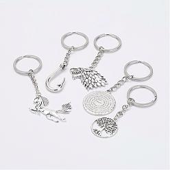 Antique Silver Alloy Pendant Keychain, with Iron Key Rings, Platinum and Antique Silver, Mixed Shapes, Antique Silver, 86~105.5mm