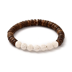 Coconut Brown Stretch Bracelets, with Round Natural Lava Rock(Dyed) Beads and Rondelle Natural Coconut Beads, Coconut Brown, Inner Diameter: 2-1/8 inch(5.5cm)