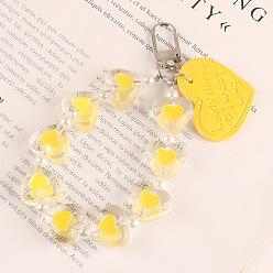 Gold Imitation Leather Pendants Keychain, with Resin Beads and Alloy Findings, Heart with Word, Gold, Heart: 3x3.8cm
