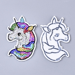 Colorful Computerized Embroidery Cloth Iron On Patches, with Paillette, Costume Accessories, Appliques, Unicorn, Colorful, 67x43.5x1.5mm