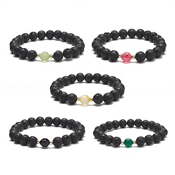 Mixed Color Natural Lava Rock & Dyed Agate Beaded Stretch Bracelets, Electroplate Non-magnetic Synthetic Hematite Jewelry for Women, Mixed Color, Inner Diameter: 2-1/2 inch(6.5cm)