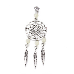 Antique Silver Alloy Pendants, with 304 Stainless Steel Lobster Claw Clasps, Iron Finding, Luminous Acrylic Round Beads, Woven Net/Web with Feather, Antique Silver, 92mm
