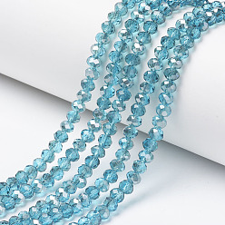 Cyan Electroplate Transparent Glass Beads Strands, Half Gray Plated, Faceted, Rondelle, Cyan, 4x3mm, Hole: 0.4mm, about 123~127pcs/strand, 16.5~16.9 inch(42~43cm)
