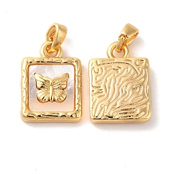 Real 18K Gold Plated Brass Square Pendants, Butterfly Charms with Natural Shell, Real 18K Gold Plated, 16.5x11.5x3mm, Hole: 2x4mm