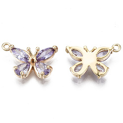 Lilac Real 18K Gold Plated Brass Micro Pave Cubic Zirconia Pendants, Nickel Free, Butterfly, Lilac, 10.5x15x3mm, Hole: 1.2mm