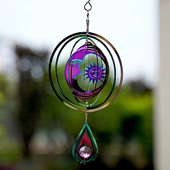 Sun Metal 3D Wind Spinner, with Glass Beads, for Outdoor Courtyard Garden Hanging Decoration, Rainbow Color, Sun, 150mm