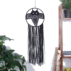Owl Gothic Style Macrame Tassel Wall Hanging, Iron Woven Web/Net with Feather Pendant Decorations, Owl, 200mm