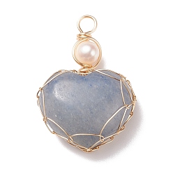 Blue Aventurine Natural Blue Aventueine & Freshwater Pearl Pendants, with Real 18K Gold Plated Copper Wire Wrapped, Heart, 33~36.5x24.5x8.5~11.5mm, Hole: 4mm