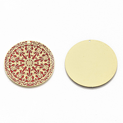FireBrick Brass Enamel Pendants, Etched Metal Embellishments, Matte Gold Color, Flat Round with Flower, FireBrick, 40x0.3mm, Hole: 1.5mm