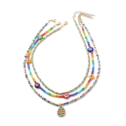 Mixed Color 3Pcs 3 Style Easter Day Alloy Enamel Easter Egg Pendant Necklaces Set, Millefiori & Glass Seed Beaded Stackable Necklaces for Women, Mixed Color, 15.63~17.99 inch(39.7~45.7cm), 1Pc/style
