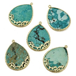 Turquoise Normal Colgantes teñidos de turquesa natural, dijes en forma de lágrima con accesorios de latón chapado en oro, 37x27.5x4 mm, agujero: 1.6 mm