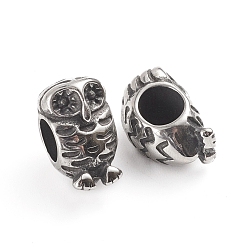 Antique Silver 304 Stainless Steel European Beads, Large Hole Beads, Owl, Antique Silver, 13x8x9mm, Hole: 5mm