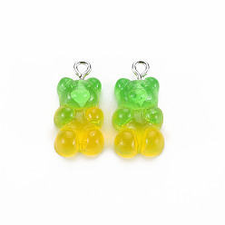 Lime Transparent Resin Pendants, with Glitter Powder and Platinum Tone Iron Loop, Bear, Lime, 21x11x7mm, Hole: 1.8mm