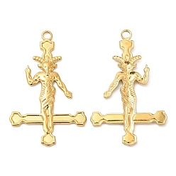 Real 18K Gold Plated 304 Stainless Steel Pendants, Cross with Baphomet Charm, Real 18K Gold Plated, 43x27x2mm, Hole: 3mm