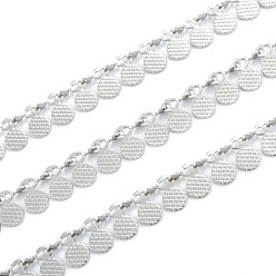 Stainless Steel Color Handmade 304 Stainless Steel Wafer Charms Chains, Textured, Unwelded, with Spool, Stainless Steel Color, wafer pendant link: 7x6x0.6~2mm, 32.8 Feet(10m)/roll