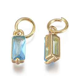 Light Sky Blue Brass Micro Pave Cubic Zirconia Charms, Long-Lasting Plated, with Jump Ring, Real 18K Gold Plated, Rectangle, Light Sky Blue, 10x3x3mm, Hole: 3mm