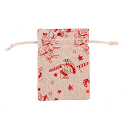 Santa Claus Christmas Theme Linenette Drawstring Bags, Rectangle, Santa Claus Pattern, 18x13cm