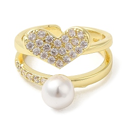 Real 18K Gold Plated Rack Plating Brass Heart Open Cuff Ring with Cubic Zirconia, Plastic Pearl Beaded Ring for Women, Cadmium Free & Lead Free, Real 18K Gold Plated, Inner Diameter: 18mm
