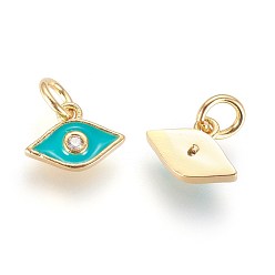 Dark Turquoise Brass Micro Pave Cubic Zirconia Charms, with Enamel and Jump Ring, Horse Eye, Golden, Dark Turquoise, 7x10x2mm, Hole: 3mm