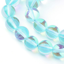 Bleu Ciel Clair Brins synthétiques de perles de lune, perles holographiques, teint, ronde, lumière bleu ciel, 6mm, Trou: 1mm, Environ 60~62 pcs/chapelet, 14~15 pouce