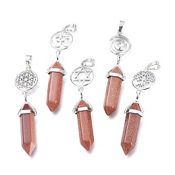 Goldstone Synthetic Goldstone Pointed Big Pendants, Double Terminated Pointed, with Platinum Plated Brass Findings, Faceted, Bullet, 59~67x14~15mm, Hole: 7x5mm, Gemstone: 41~44x8mm