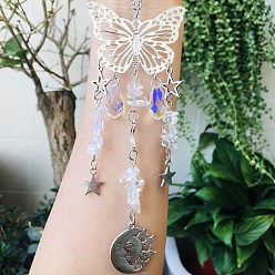 Quartz Crystal Teardrop Glass & Metal Butterfly Pendant Decorations, Hanging Suncatchers, with Natural Quartz Crystal Chips, for Home Decoration, Moon/Star/Sun, 230mm