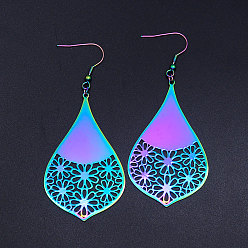 Rainbow Color 201 Stainless Steel Dangle Earrings, teardrop, with Flower, Rainbow Color, 82x34.5mm, Pin: 0.7mm