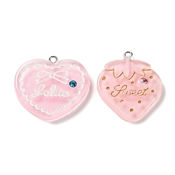Pink Translucent Resin Rhinestone Pendants, with Platinum Plated Iron Loops, Heart & Strawberry, Mixed Shapes, Pink, 29~32x27.5~31x4.5mm, Hole: 2mm