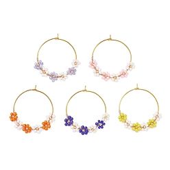 Mixed Color Brass Wine Glass Charms, with Glass Seed Beads, Flower, Mixed Color, 33.5mm