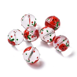 Manzana Perlas de vidrio transparentes, con esmalte, rondo, rojo, Patrón de manzana, 14~15x13~13.5 mm, agujero: 1.5~1.6 mm