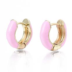 Pink Brass Huggie Hoop Earrings, with Enamel, Real 18K Gold Plated, Pink, 14x15x5mm, Pin: 1x1mm
