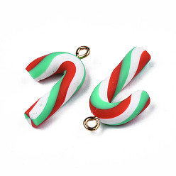 Light Green Handmade Polymer Clay Pendants, with Light Gold Iron Loop, Candy Cane, for Christmas, Light Green, 26.5~29x13.5~14x5mm, Hole: 2mm