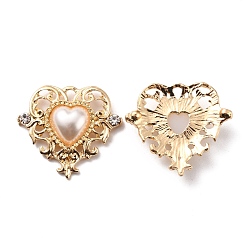 Oro Colgantes de diamantes de imitación de cristal de aleación de zinc, con perla de imitación de plástico, corazón, dorado, 22x25x4.5 mm, agujero: 2.4x1.6 mm