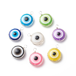 Silver Transparent Evil Eye Resin Pendants, with Copper Wire Wrapped, Mixed Color, Flat Round Charm, Silver, 28.5~29x21.5~22.5x9mm, Hole: 4~4.5mm
