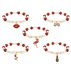 Mixed Shapes Bracelet extensible en perles rondes mélangées naturelles et synthétiques, Bracelet à breloques en alliage sur le thème de la Saint-Valentin, formes mixtes, diamètre intérieur: 2-1/4 pouce (5.8 cm)