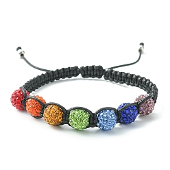 Colorful Handmade Polymer Clay Rhinestone Beads Braided Bead Bracelets, Adjustable Waxed Polyester Cord Bracelets for Women, Colorful, Inner Diameter: 2-1/2~3-1/2  inch(6.2~8.8cm)