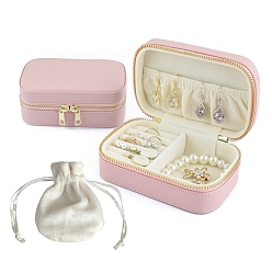 Pearl Pink Rectangle PU Leather Jewelry Storage Zipper Box, Travel Portable Jewelry Case, for Necklaces, Rings, Earrings and Pendants, Pearl Pink, 12.8x9.3x5cm