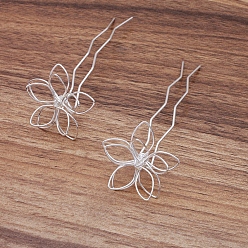 Silver Iron Hair Fork Findings, with Flower Filigree Findings, Silver, 70x12x1.2mm, Filigree Findings: 35mm