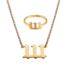 Number Angel Number Pendant Necklace & Open Cuff Ring, Gold Plated 304 Stainless Steel Lucky Numerology Jewelry Set for Women, Num.1, 18.31 inch(46.5cm), US Size 7 3/4(17.9mm)